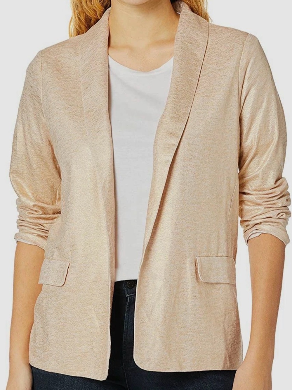 Majestic Filatures Linen Blend Open Front Cardigan Blazer Beige Blush
